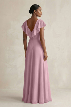 A-Line V-Neck Ruffled Sleeve Chiffon Bridesmaid Dress in Vintage Mauve (2) | KISSBRIDAL