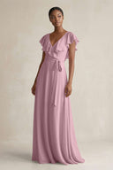 A-Line V-Neck Ruffled Sleeve Chiffon Bridesmaid Dress in Vintage Mauve | KISSBRIDAL