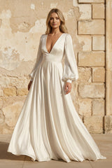 A Line V Neck Satin Long Sleeves Wedding Dress - KISS BRIDAL Wedding Dresses