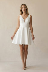 A Line V Neck Satin Wedding Dress With Bow in Ivory - KISS BRIDAL Wedding Dresses
