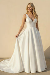 A Line V Neck Satin Wedding Dress With Bow in White - KISS BRIDAL Wedding Dresses