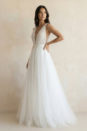 A - Line V - neck Sleeveless Wedding Dresses in White - SHE IS ME Wedding Dresses