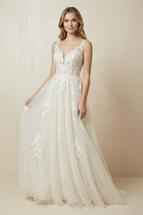 A - Line V - Neck Tulle Appliqued Wedding Dress in Ivory - KISS BRIDAL Wedding Dresses