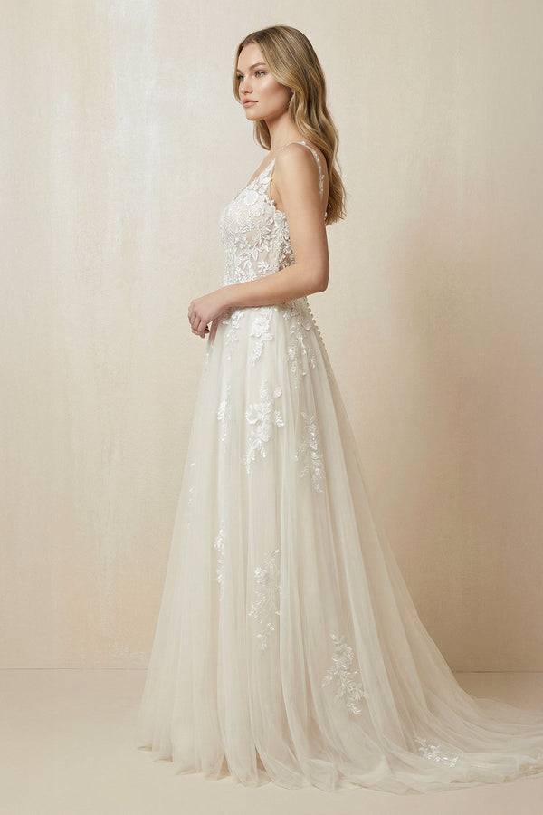 A - Line V - Neck Tulle Appliqued Wedding Dress in Ivory - SHE IS ME Wedding Dresses