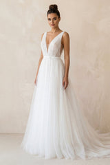 A Line V - Neck Tulle Sleeveless Wedding Dress in White - KISS BRIDAL Wedding Dresses