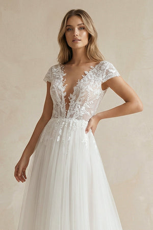 A Line V Neck Tulle Wedding Dress With Appliques - SHE IS ME Wedding Dresses