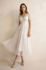 A Line V Neck Tulle Wedding Dress With Appliques in Ivory - KISS BRIDAL Wedding Dresses