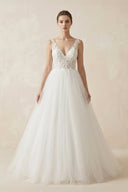 A Line V Neck Tulle Wedding Dress With Appliques in White - SHE IS ME Wedding Dresses