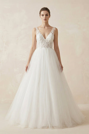 A Line V Neck Tulle Wedding Dress With Appliques in White - SHE IS ME Wedding Dresses