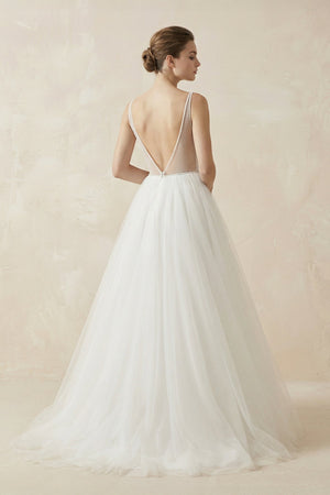 A Line V Neck Tulle Wedding Dress With Appliques in White - SHE IS ME Wedding Dresses