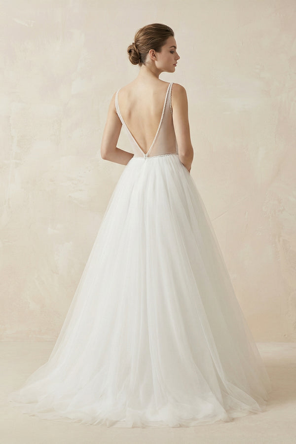 A Line V Neck Tulle Wedding Dress With Appliques in White - SHE IS ME Wedding Dresses