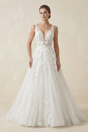 A - Line V Neck Tulle Wedding Dress With Appliques in White - SHE IS ME Wedding Dresses
