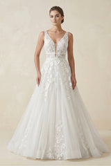 A - Line V Neck Tulle Wedding Dress With Appliques in White - KISS BRIDAL Wedding Dresses