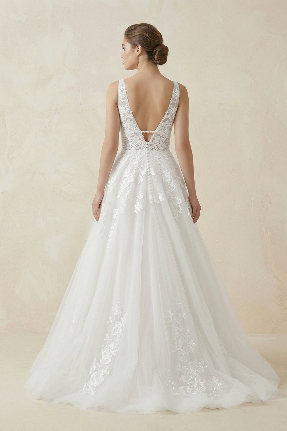 A - Line V Neck Tulle Wedding Dress With Appliques in White - KISS BRIDAL Wedding Dresses