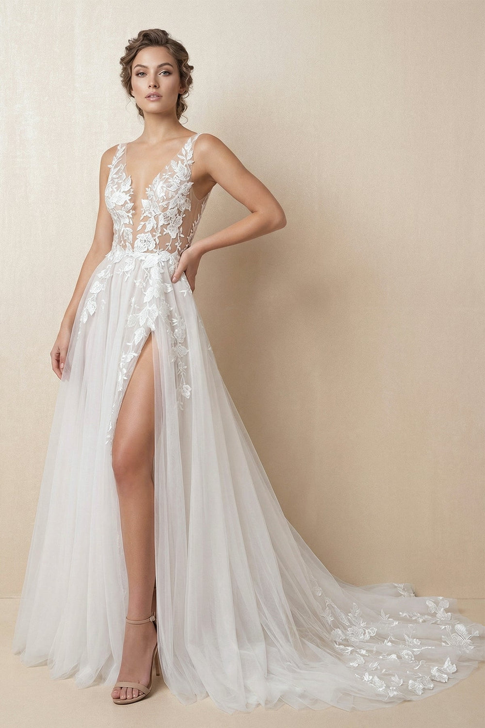A Line V Neck Tulle Wedding Dress With Slit in Diamond White