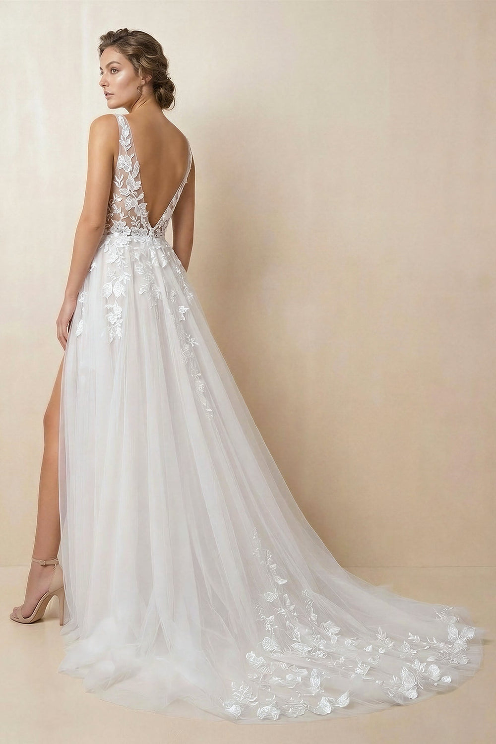 A Line V Neck Tulle Wedding Dress With Slit in Diamond White