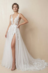 A Line V Neck Tulle Wedding Dress With Slit in Ivory - KISS BRIDAL Wedding Dresses