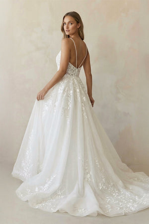 A Line V Neck Tulle Wedding Dresses with Appliques in White - SHE IS ME Wedding Dresses
