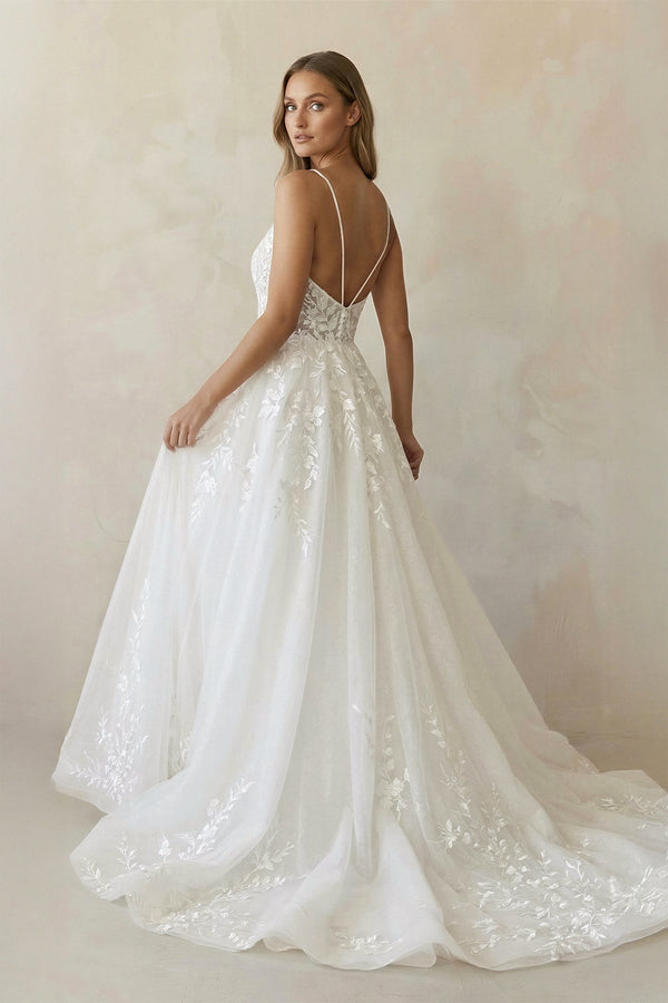 A Line V Neck Tulle Wedding Dresses with Appliques in White - SHE IS ME Wedding Dresses