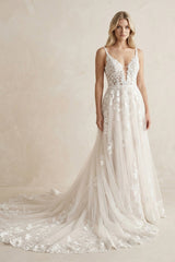 A Line V Neck Tulle Wedding Dresses with Appliques in White - KISS BRIDAL Wedding Dresses