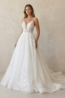 A Line V Neck Tulle Wedding Dresses with Appliques in White - SHE IS ME Wedding Dresses