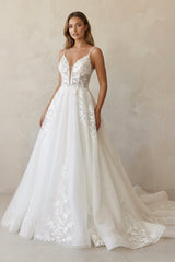 A Line V Neck Tulle Wedding Dresses with Appliques in White - KISS BRIDAL Wedding Dresses