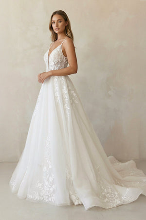 A Line V Neck Tulle Wedding Dresses with Appliques in White - SHE IS ME Wedding Dresses