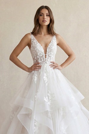A - Line V Neck Wedding Dresses with Appliques in White - SHE IS ME Wedding Dresses