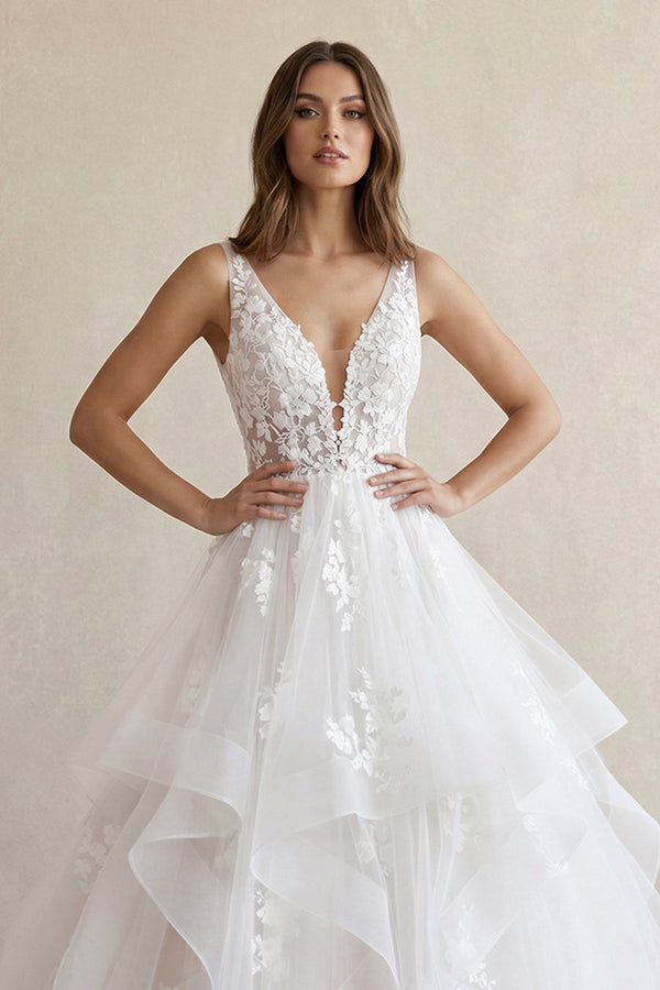 A - Line V Neck Wedding Dresses with Appliques in White - SHE IS ME Wedding Dresses