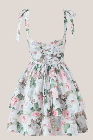 A - line Vintage Rose Printed Lace - up Cotton Mini Dress - SHE IS ME Dresses