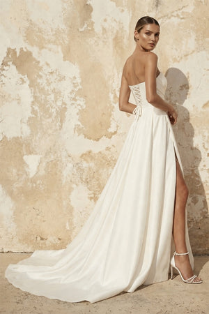 A Line Satin Wedding Dress With Slit in White - KISS BRIDAL Wedding Dresses