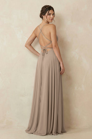 Almond A-Line Chiffon Bridesmaid Dress With Slit (2) | KISSBRIDAL