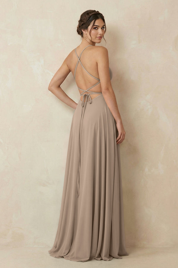 Almond A-Line Chiffon Bridesmaid Dress With Slit (2) | KISSBRIDAL
