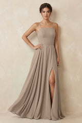 Almond A-Line Chiffon Bridesmaid Dress With Slit | KISSBRIDAL