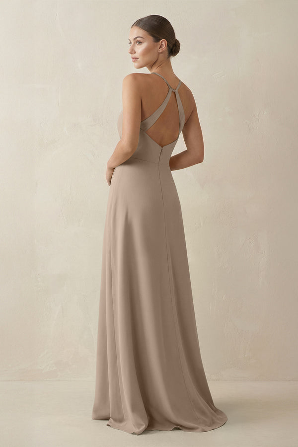 Almond A-Line Chiffon Long Bridesmaid Dress With Slit (2) | KISSBRIDAL