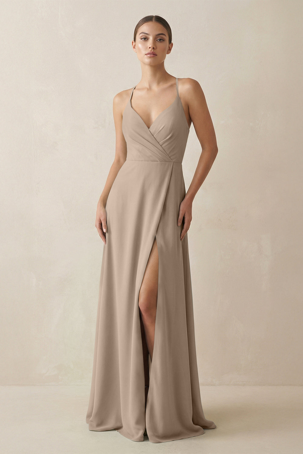 A-Line Chiffon Long Bridesmaid Dress With Slit in Almond