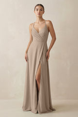 Almond A-Line Chiffon Long Bridesmaid Dress With Slit | KISSBRIDAL