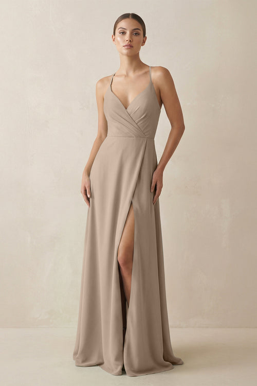 Almond A-Line Chiffon Long Bridesmaid Dress With Slit | KISSBRIDAL