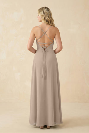 Almond A-Line Chiffon Spaghetti Strap Bridesmaid Dress (2) | KISSBRIDAL