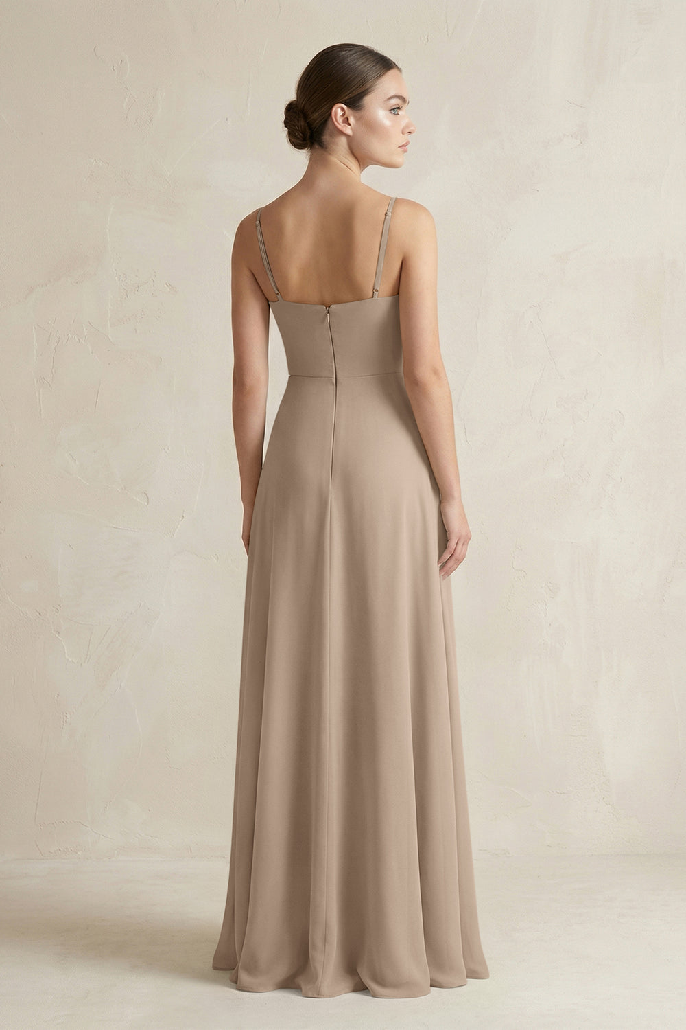 A-Line Chiffon Spaghetti Strap Bridesmaid Dress in Almond