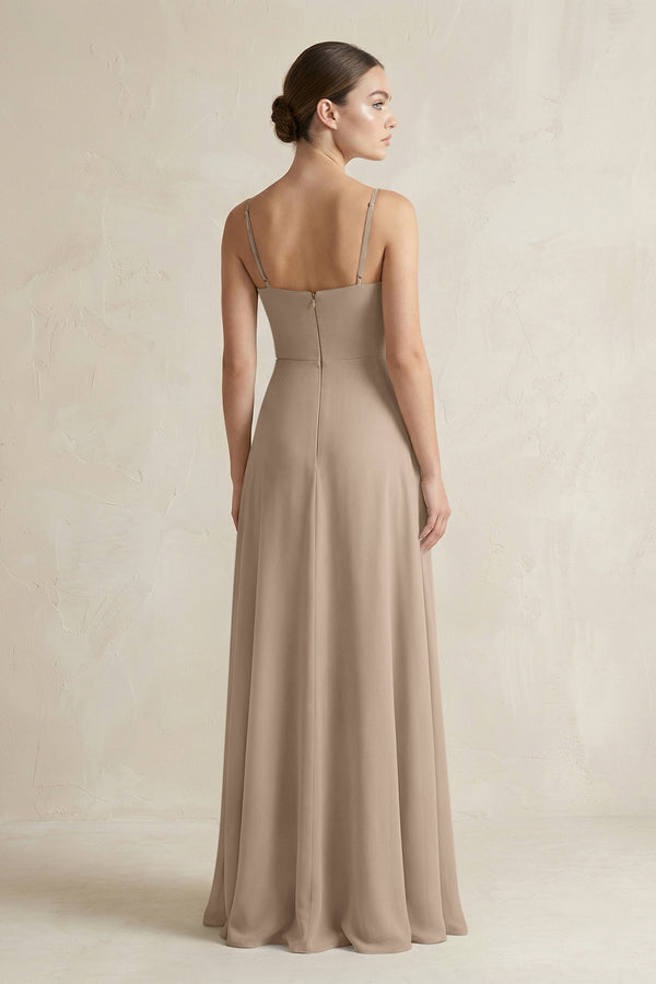 Almond A-Line Chiffon Spaghetti Strap Bridesmaid Dress (2) | KISSBRIDAL