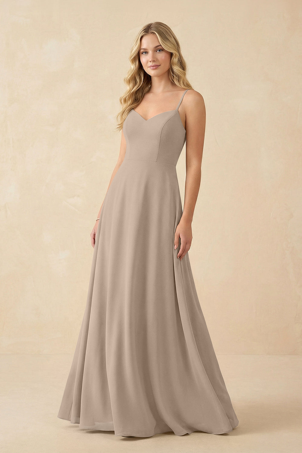 A-Line Chiffon Spaghetti Strap Bridesmaid Dress in Almond