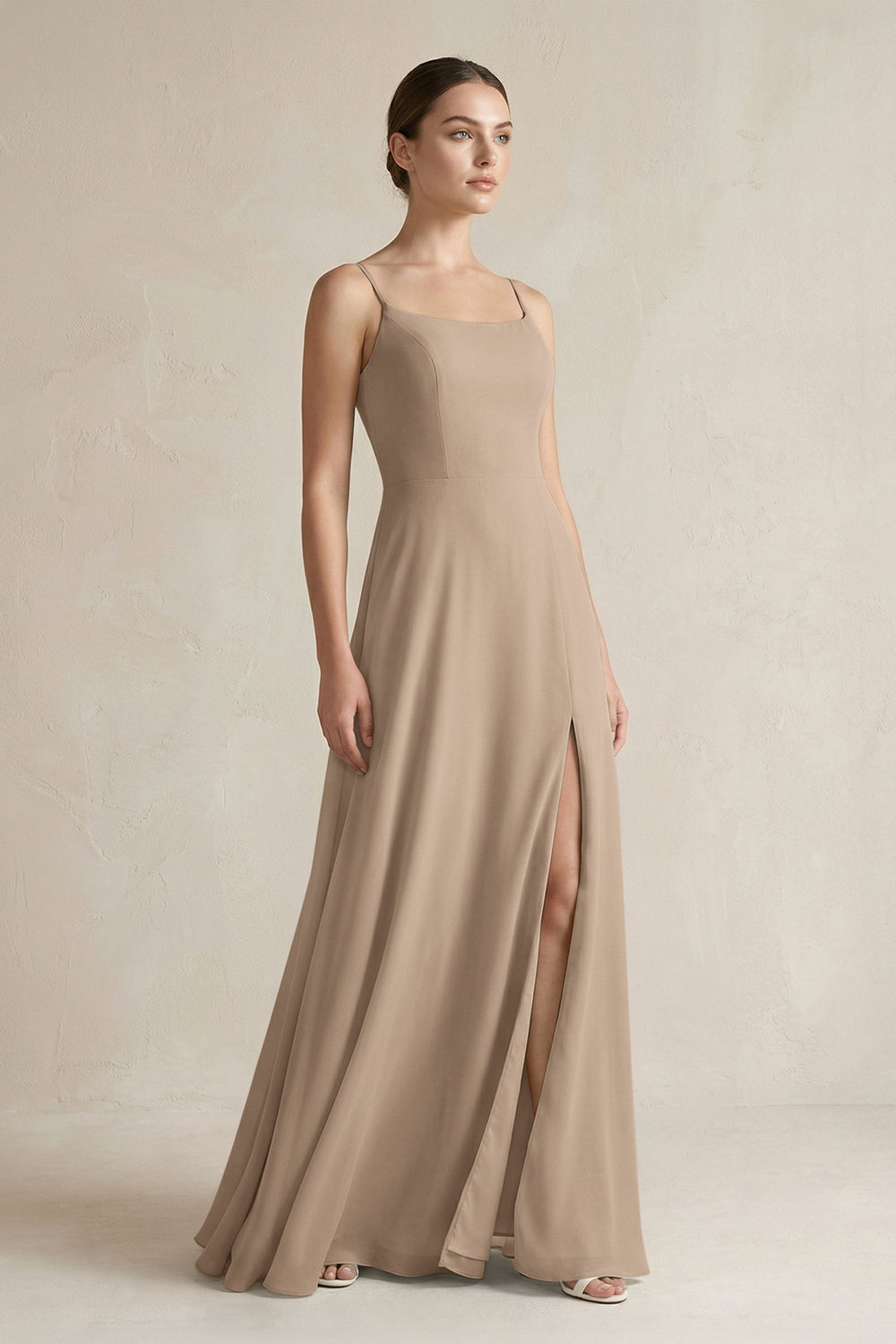 A-Line Chiffon Spaghetti Strap Bridesmaid Dress in Almond