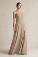 Almond A-Line Chiffon Spaghetti Strap Bridesmaid Dress | KISSBRIDAL