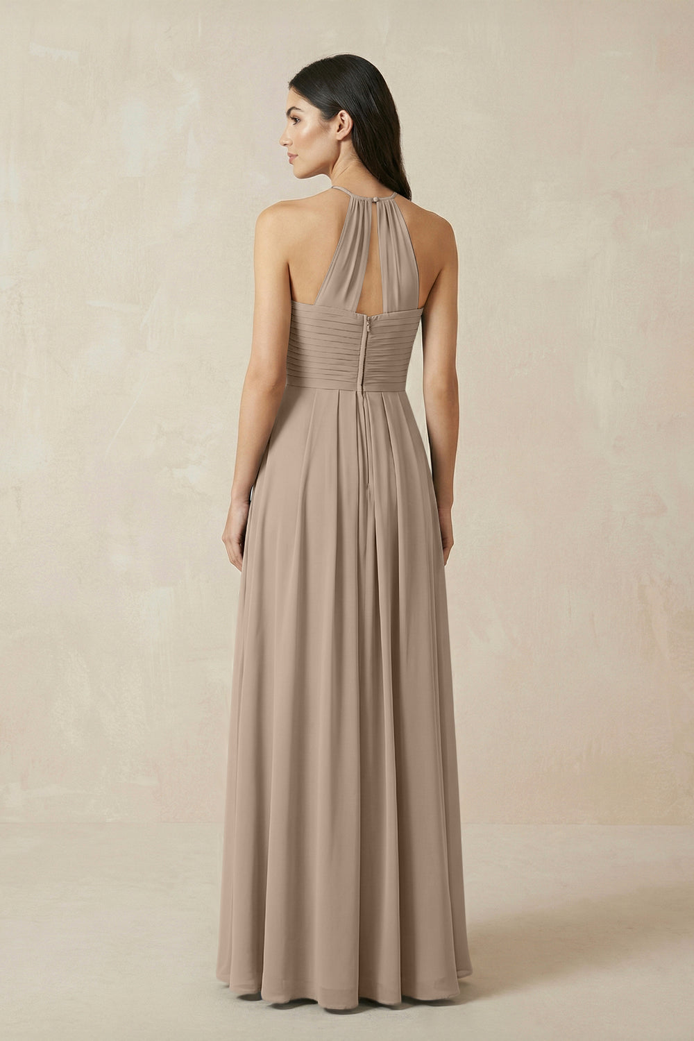 A-Line Halter Neck Pleated Chiffon Bridesmaid Dress in Almond