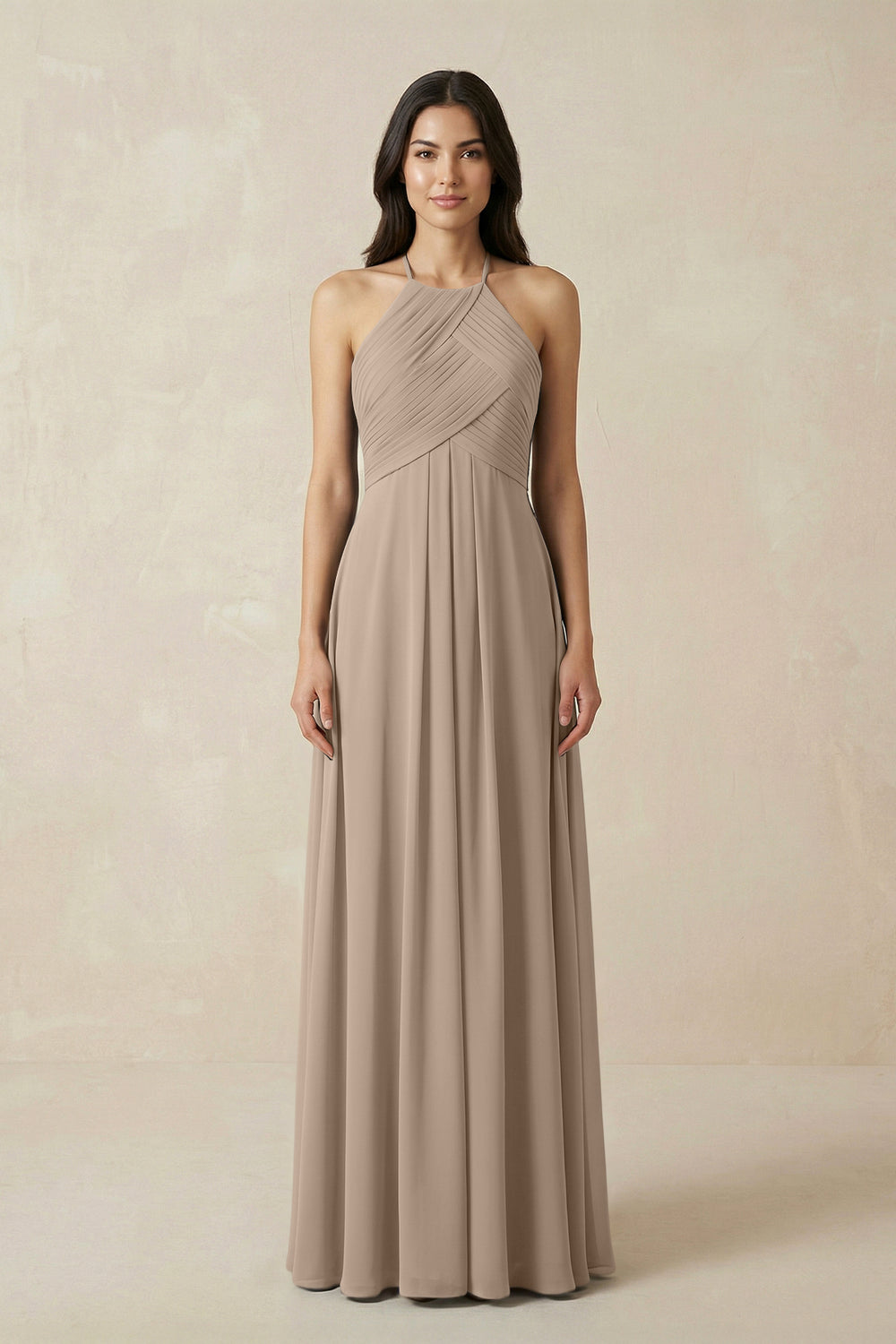 A-Line Halter Neck Pleated Chiffon Bridesmaid Dress in Almond