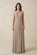 Almond A-Line Halter Neck Pleated Chiffon Bridesmaid Dress | KISSBRIDAL