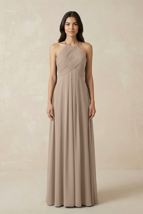 Almond A-Line Halter Neck Pleated Chiffon Bridesmaid Dress | KISSBRIDAL