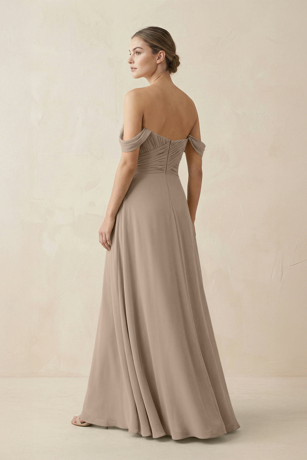 A-Line Off-the-Shoulder Chiffon Bridesmaid Dress in Almond