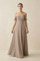 Almond A-Line Off-the-Shoulder Chiffon Bridesmaid Dress | KISSBRIDAL